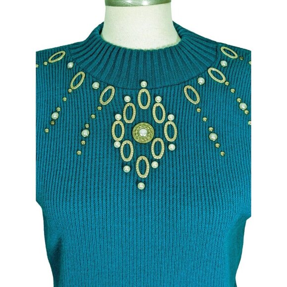 Vintage Womens Sweater Mock Neck Sleeveless OS Teal Embellished Ribbed Longline - Picture 2 of 5